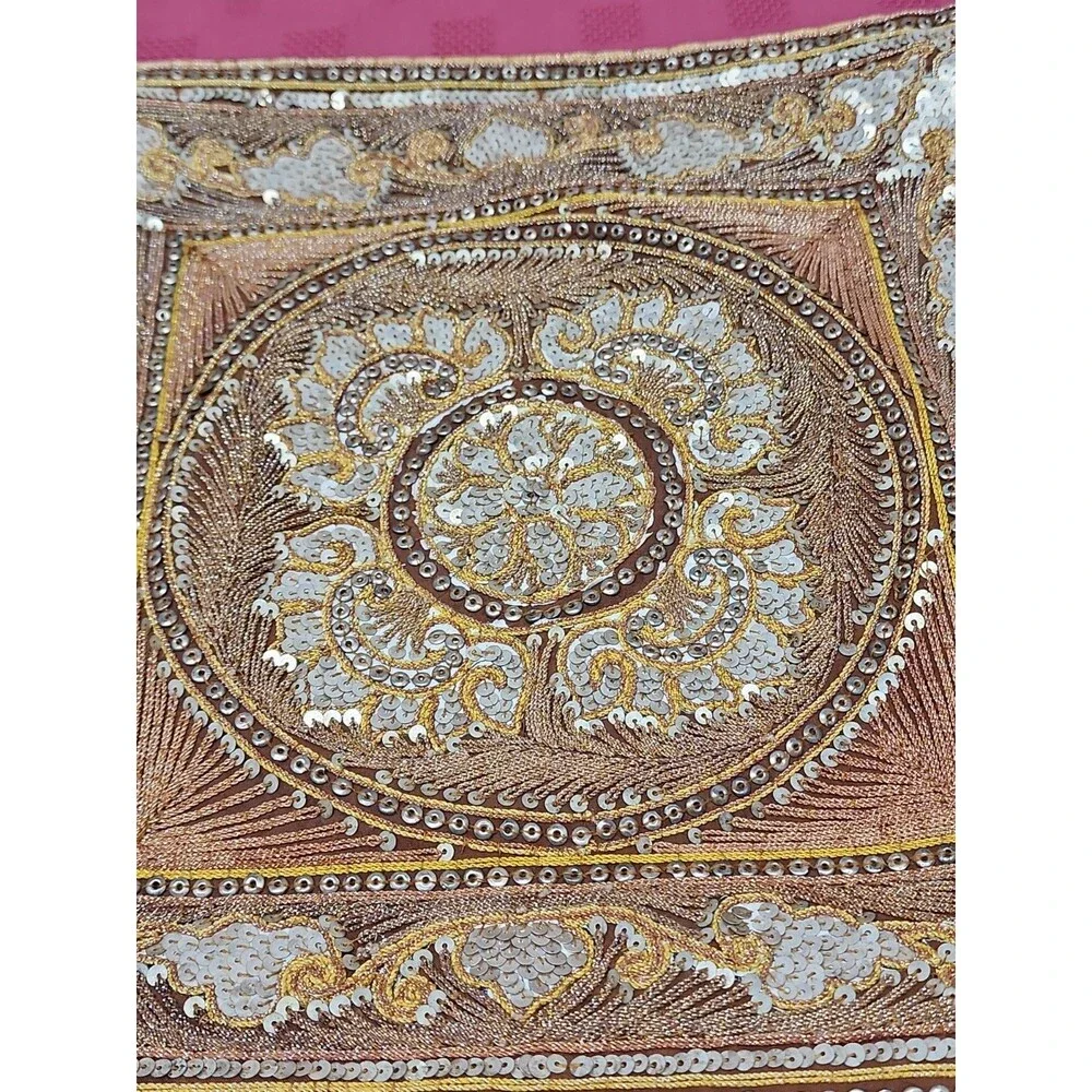 VTG Turkish Hand Beaded Embroidered Sequined Throw Pillow Cover Gold Boho